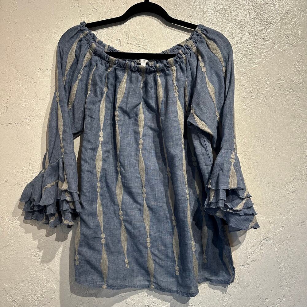 Kaktus Ladies Size small blouse Bell Sleeve Boho Coastal Embroidery Chambray